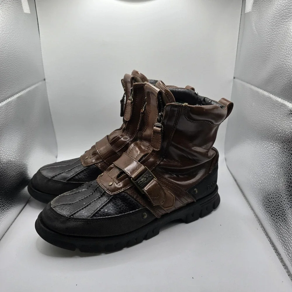 Polo Ralph Lauren Boots Mens Size 10 Brown Leather Snow Ankle Zip Strap Winter